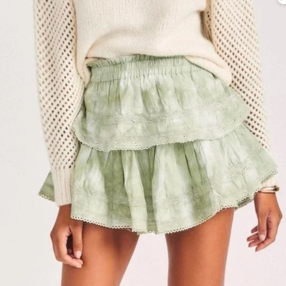 LoveShackFancy Tiered Ruffle Mini Skirt Moss Green Hand Tie Dye Size Extra Small